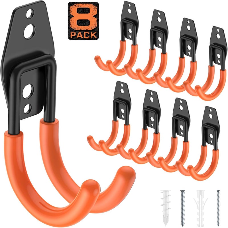 Cpais Garage Hooks with Anti-Slip Coating,Heavy Duty Wall Mount Storage Hooks for Hanging Bike,Hose,Ladder,Yard,Garden Tools (8 Pack Orange 4.7x2.6 inch) - Image 1